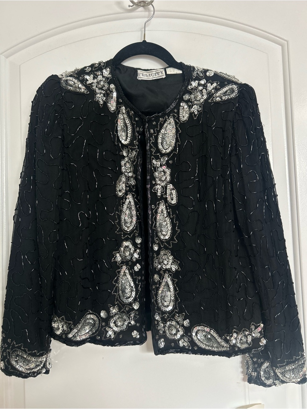 Vintage 90s 100% Natural Silk Beaded Sequin Embellished Jacket Size L chic boho